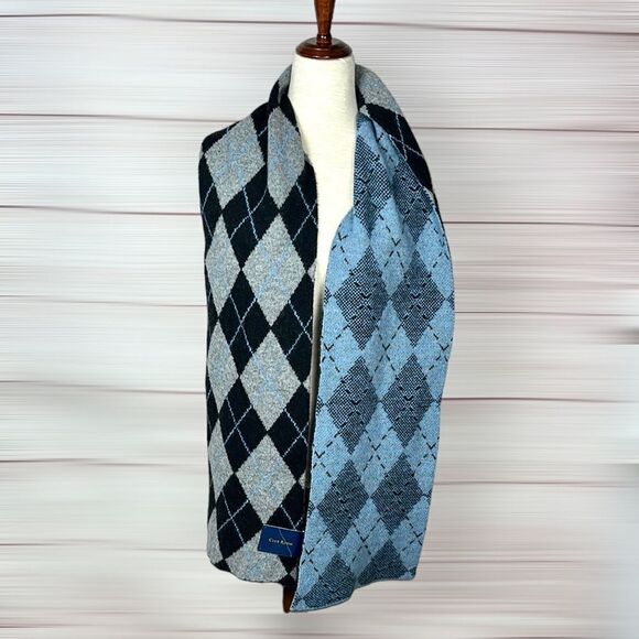 NWT Club Room Wool Blend Blue Gray Argyle Long Chunky Scarf Men’s Women’s - Picture 6 of 11